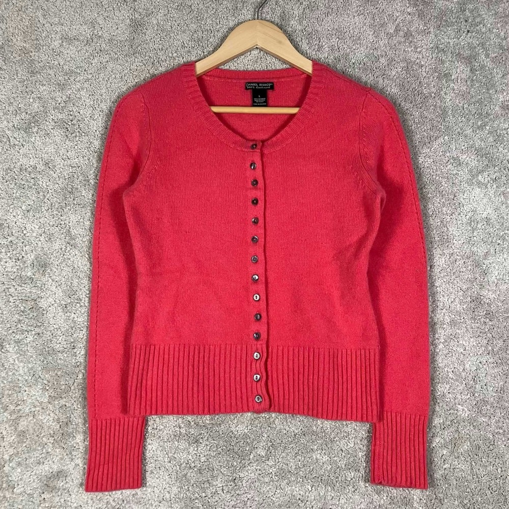 Daniel Bishop 100% Cashmere Cardigan Sweater Pink Red Button Up Womens Large